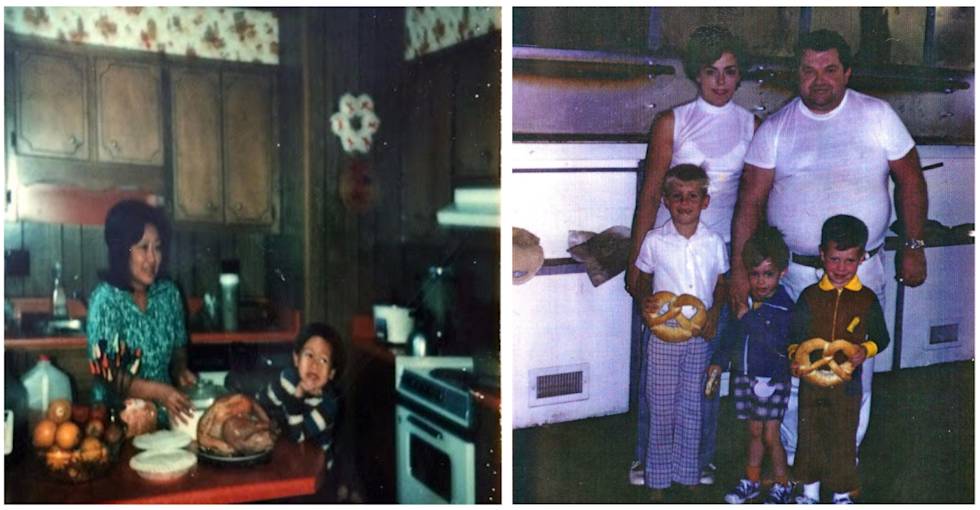 Photos of young Ben with his mother and young Dan with his family