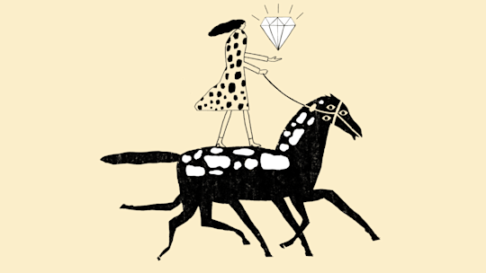 Person carrying large diamond while riding horse with seven legs and three eyes.