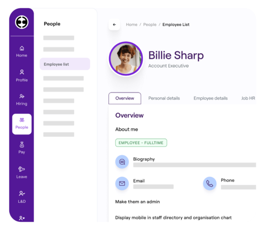 A screenshot of an employee profile page for "Billie Sharp," displaying personal details, contact information, and role, symbolizing employee management and HR tools.