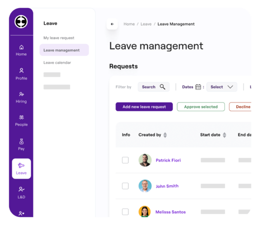 A screenshot of a leave management interface displaying employee leave requests, with options to approve, decline, or filter requests, representing leave administration.