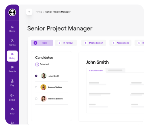 A dashboard interface for hiring a Senior Project Manager, displaying candidate profiles, including names and avatars. The stages of the hiring process are shown, such as 'New,' 'In Review,' 'Phone Screen,' and 'Assessment,' with detailed candidate information on the right side of the screen.