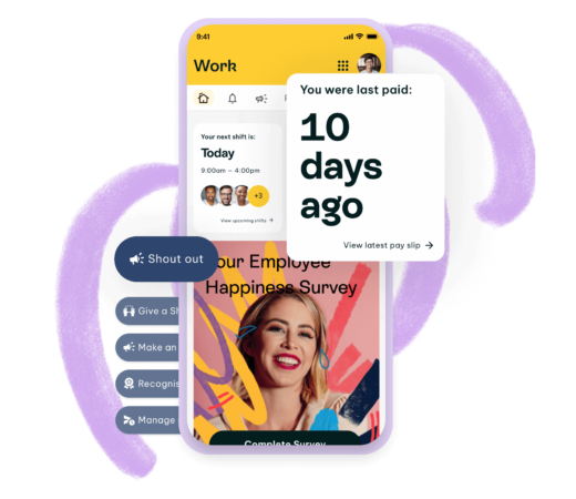 A graphic showing a mobile app interface with features like employee surveys, pay reminders, and recognition tools, symbolizing employee engagement and workplace communication.