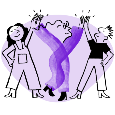 Three characters high-fiving with a purple abstract shape behind them