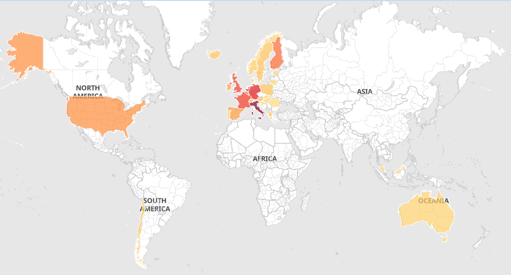 Image depicting a world map illustrating global ESCO implementers. The map highlights that the majority of ESCO downloads originate from Europe, with significant downloads from North America and Oceania as well.