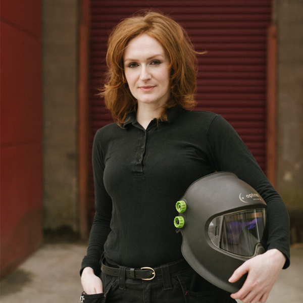 Donegal ETB welding student Laura Mulkeen holding welding helmet Photo Credit: Ruth Connelly