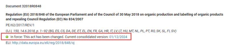 Screenshot of a document header highlighting the text next to the 'in force' indicator, which guides users to the current consolidated version.