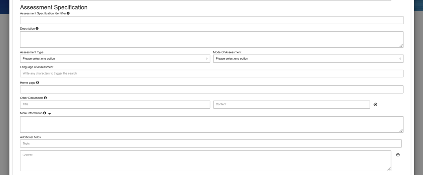 Screenshot of the assessment specification tab 