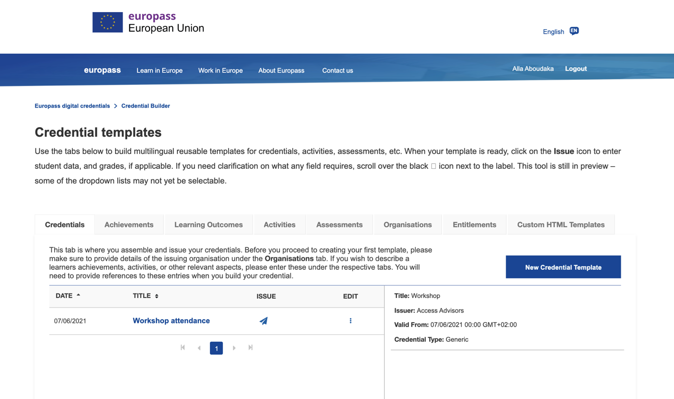 Figure: Main screen of the Online Credential Builder 