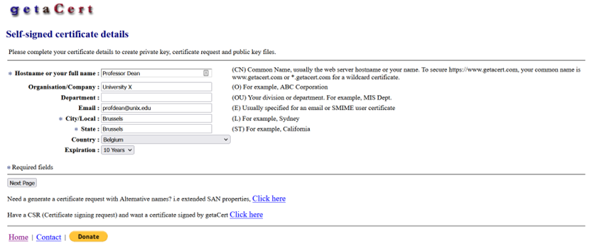 This picture is showing the page on GetaCert with the fields to fill in. 