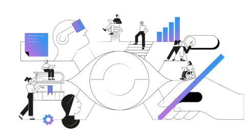 Graphic depicting an eyein the center of a chart, someone wearing a VR headset, someone writing ,someone walking up the stairs, people having a conversation