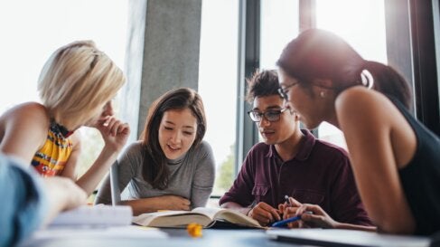 University students at a table