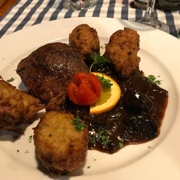 Steak with potato fritter & orange-plum sauce from the Christmas menu. Amazing!!