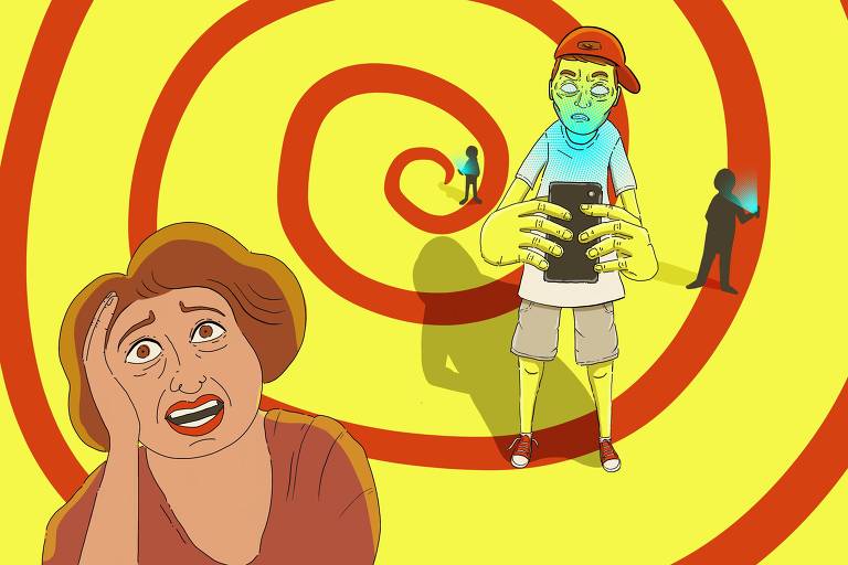 Ilustração com espiral vermelha sobre fundo amarelo, mostra jovem segurando celular, ele tem a aparência de zumbi. Na frente, uma mulher coloca a mão na cabeça em desespero.