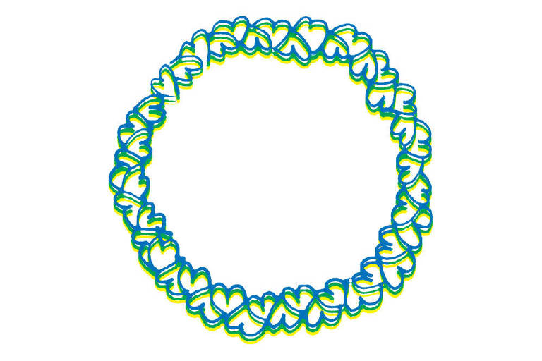 Sobre um fundo branco há 3 correntes de corações nas cores azul, verde e amarelo sobrepostas.