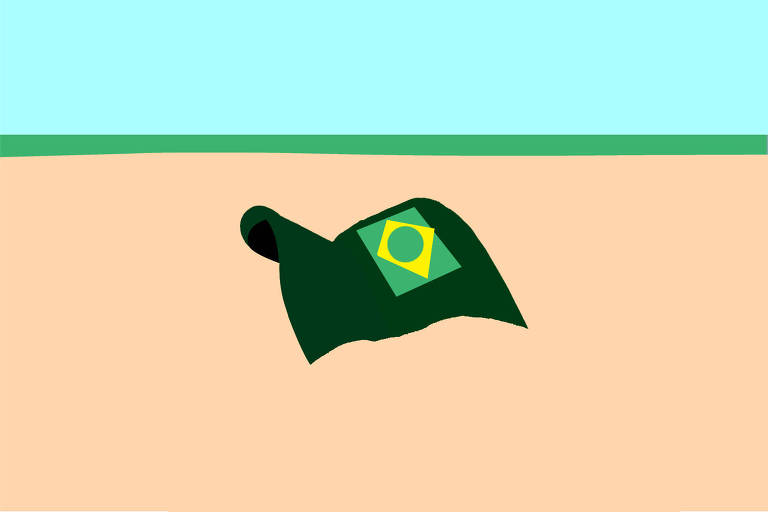 Ilustração de Débora Gonzales publicada na Folha de S.Paulo em 29 de setembro de 2023 mostra um pedaço de tecido verde militar, com a bandeira do Brasil estampada. Ele aparece na areia da praia. Ao fundo, o mar verde e o céu azul.