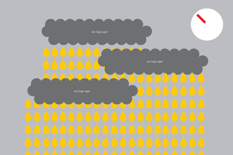 Uma ilustração colorida de uma tempestade com nuvens cinzas e dentro de cada nuvem estão escritas as palavras "seu logo aqui".