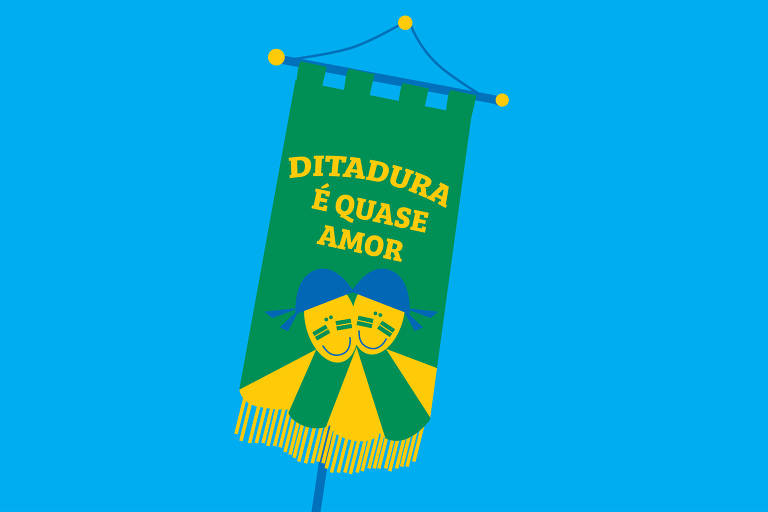 Uma ilustração colorida do estandarte do bloco carnavalesco Ditadura é quase amor