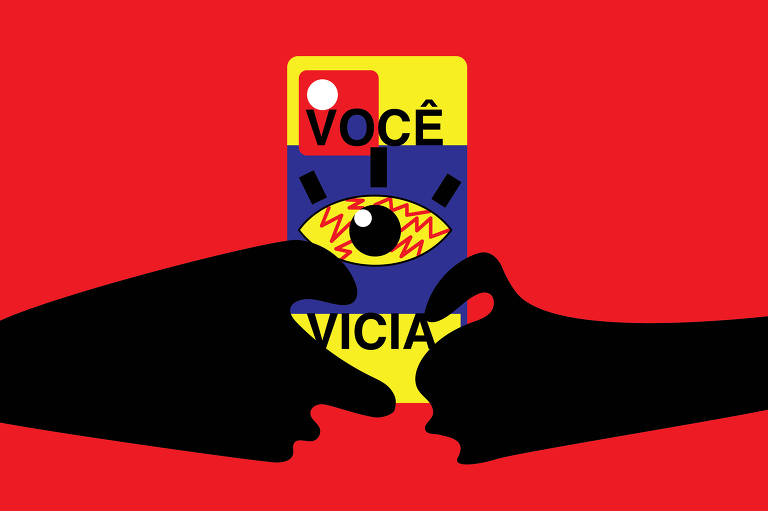 ilustração colorida de duas mãos segurando um celular sobre um fundo vermelho. Na parte de trás do celular estão escritas as palavras Você Vicia ao redor de um olho com vasos sanguíneos vermelhos