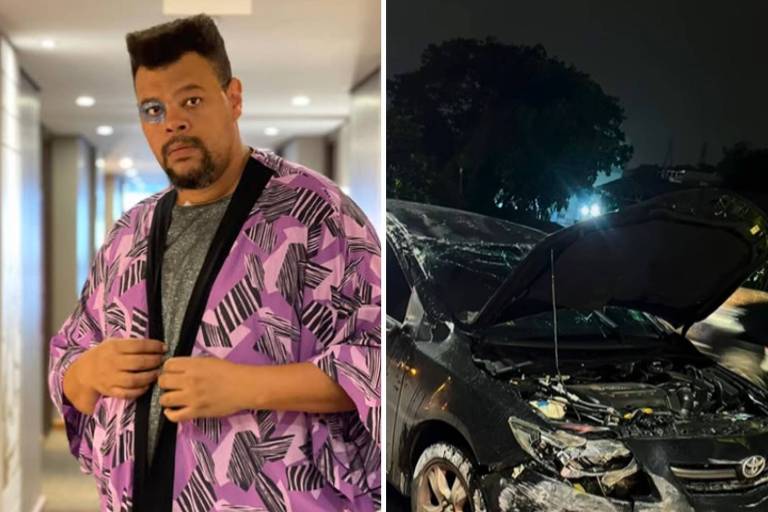 Babu Santana mostra carro destruído após grave acidente e alerta sobre o uso do cinto de segurança