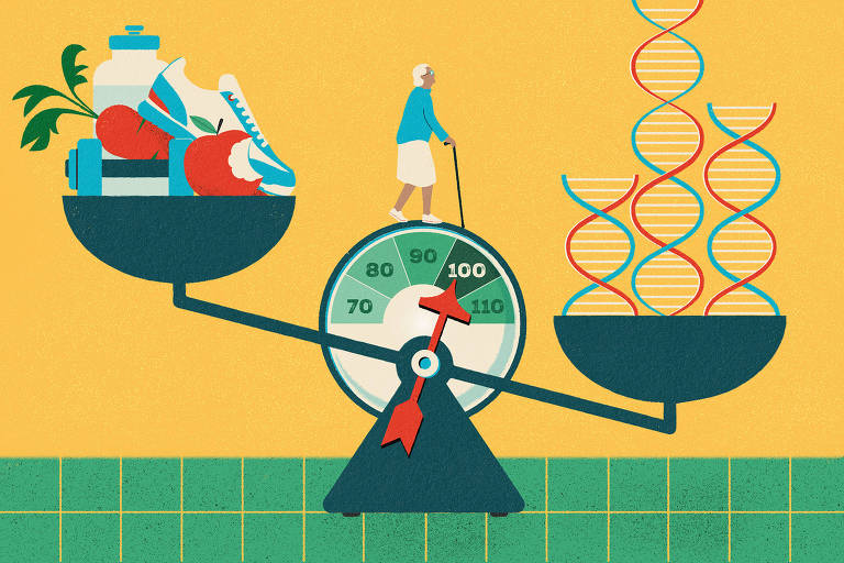 A imagem ilustra uma balança com dois pratos. No prato da esquerda, há alimentos saudáveis como frutas, uma garrafa de água e um tênis. No prato da direita, estão representados elementos de DNA. No centro, uma mulher idosa caminha sobre a balança, que possui um mostrador com a indicação de 100. O fundo é amarelo e a base da imagem é composta por azulejos verdes.