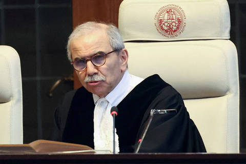 FILE PHOTO: Judge Nawaf Salam, president of the International Court of Justice (ICJ) speaks at the ICJ at the start of a hearing in The Hague Netherlands May 16, 2024. REUTERS/Yves Herman/File Photo ORG XMIT: FW1