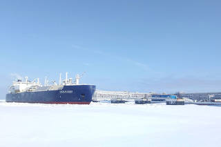 FILE PHOTO: Ice-breaking tanker Christophe de Margerie is docked in Arctic port of Sabetta