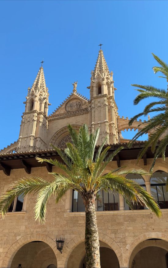 An image of Palma De Mallorca cathedral as seen from the courtyard of the Palace of Almudaina