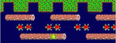  لقطة شاشة من تجربة اللعب في Frogger تعرض ضفدعًا يعبر نهرًا مليئًا بجذوع الأشجار العائمة والقاطرات.