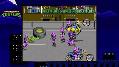 لقطة شاشة من تجربة اللعب في Teenage Mutant Ninja Turtles تعرض عددًا كبيرًا من جنود Foot Clan في مدينة.