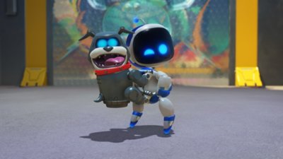 Captura de pantalla de Astro Bot que muestra a Astro Bot y un compañero parecido a un perro