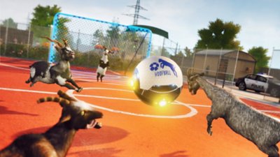 《Goat Simulator 3》螢幕截圖，顯示山羊們用超大的球打美式足球