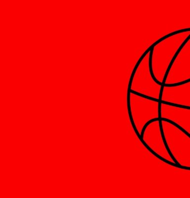 Red background image with black outline of a basketball