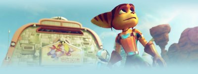 Captura de pantalla de Ratchet & Clank que muestra a Ratchet posando heroicamente 