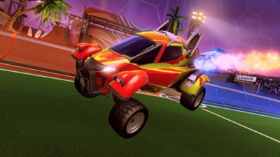 لقطة شاشة للعبة Rocket League تعرض سيارة باجي حمراء مع أشعة لهب زرقاء تخرج من العادم