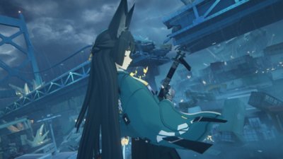 Zenless Zone Zero screenshot showing the character Hoshimi Miyabi facing to the right in side profile, with the city in the background