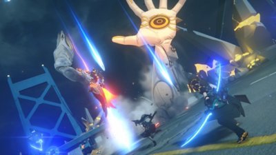 Zenless Zone Zero screenshot showing the characters in the middle of a battle with an Ethereal that looks like a hand with an eyeball in the centre of it