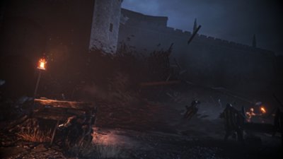 A Plague Tale: Requiem ekran görüntüsü, bir barikatın arkasında saklanan Amicia'yı gösteriyor