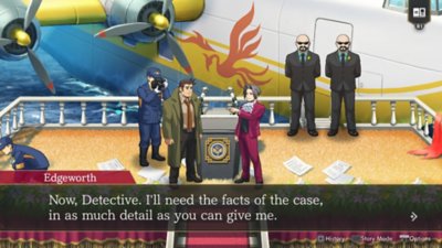 Ace Attorney Investigations Collection screenshot showing Edgeworth asking a detective questions