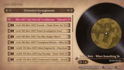 Ace Attorney Investigations Collection screenshot showing options to play music from the games