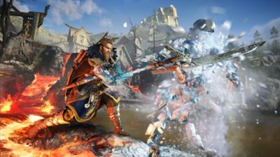 Assassin's Creed Valhalla Dawn of Ragnarok screenshot showing the main character shattering an ice-based enemy with a lance