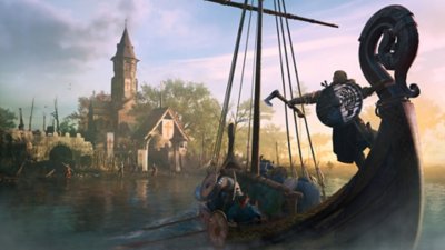 Assassin's Creed Valhalla screenshot showing characters on viking ship sailing towards land