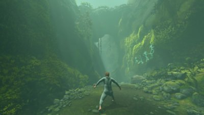 Baby Steps screenshot depicting the protagonist bracing himself to take a long step in a luscious, greenery filled environment