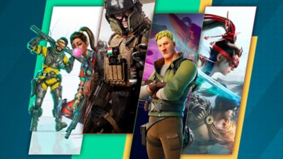 Arte principal promocional dos melhores battle royales com Apex Legends, Call of Duty: Warzone, Fortnite e Naraka Bladepoint