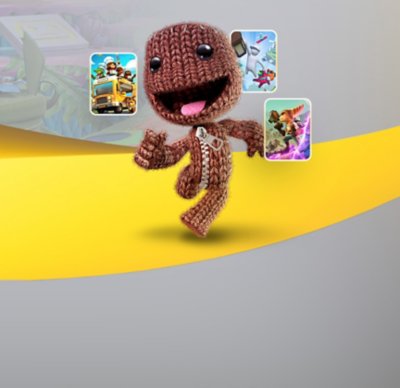 Ilustración de la marca PS Plus con ilustraciones principales de Sackboy: Una gran aventura y The LEGO® Movie Videogame.