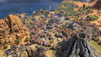 Sid Meier's Civilization VII screenshot showing a city with a colosseum-like arena and a volcano nearby