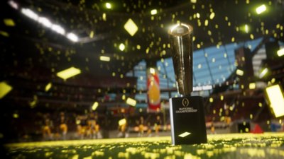 EA Sports College Football 25 screenshot showing the National Championship trophy