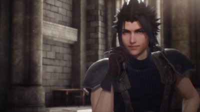 Crisis Core Final Fantasy VII Reunion screenshot showing Zack Fair smiling