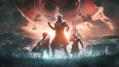 Ilustracija za igru Destiny 2: The Final Shape na kom su prikazani Ikora Rey, Zavala, Cayde-6 i duh