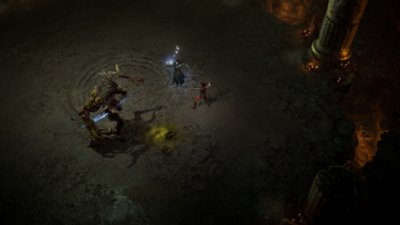 Diablo IV screenshot showing a hero on horseback overlooking a lake of magma