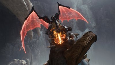 Doom: The Dark Ages screenshot showing a dragon breathing fire into the mouth of a larger creature